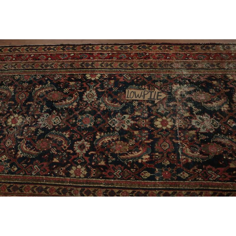 Hand Knotted Oriental 100% Wool Carpet Traditional Floral Navy Blue & Blues Malayer Runner Rug - 11' 4'' X 3' 7''