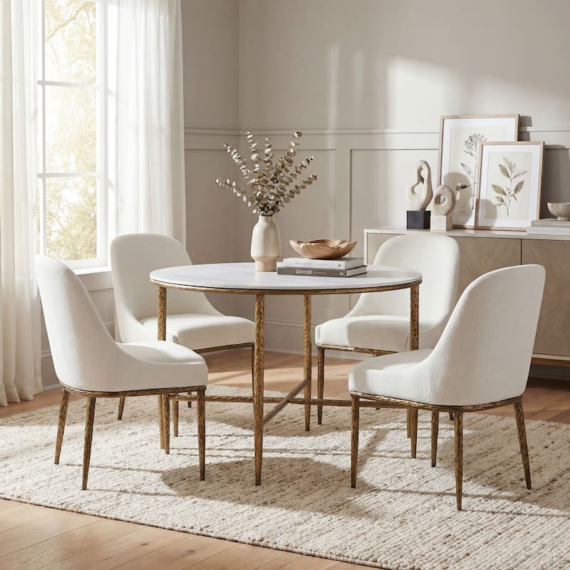 Christopher Knight Home - 5-Piece Industrial Metal Top Dining Set with Upholstered Chairs - Armless - ForgedBrass