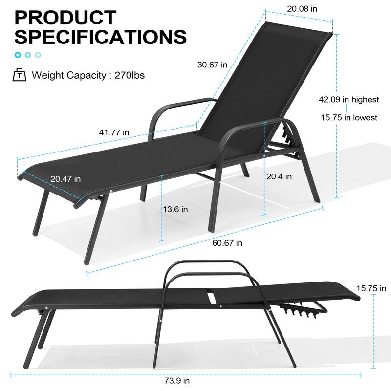Crestlive Products Outdoor Adjustable Reclining Chaise Lounge Chair with Armrest