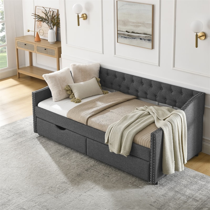 Twin Size Upholstered Tufted Daybed with Drawers and Copper Nail - Dark Grey