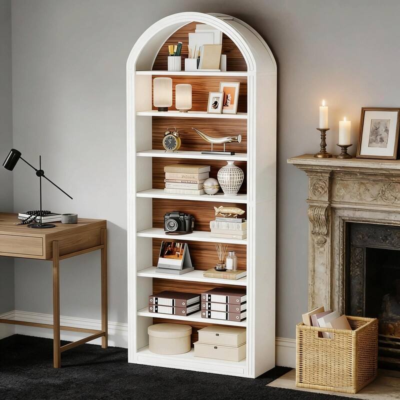 8-Tier Arched Bookshelf with Two-Tone Finish, Sturdy MDF Bookcase with Closed Back for Living Room, Study, or Kitchen - White