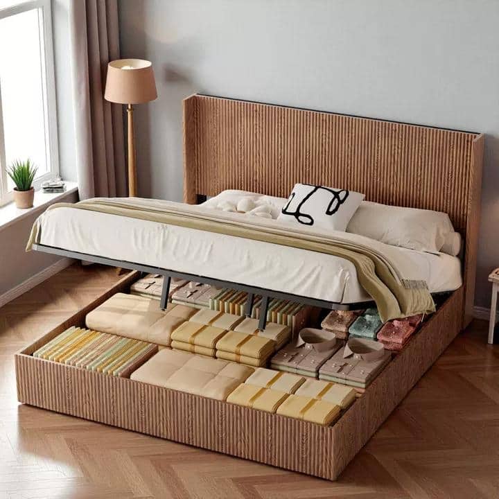 King Lift-Top Storage Platform Bed, Hydraulic Gas Lift, Grooved Headboard Shelves, Rustic Walnut, No Box Spring, Quiet