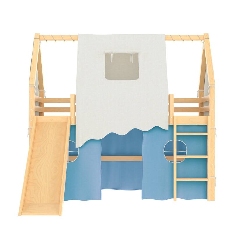 Roomfitters House Loft Bed with Slide and Tent, Solid Wood Frame with Lights