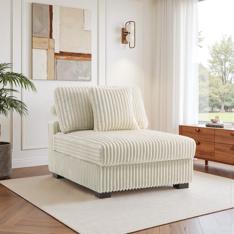 35.7" W Plush Corduroy Upholstered Armless Modular Sofa Chair - White