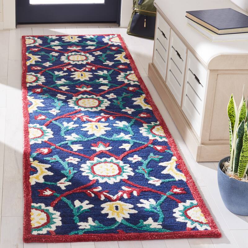 SAFAVIEH Handmade Blossom Rositza Floral Wool Rug - 2'3" x 8' Runner - Navy/Red
