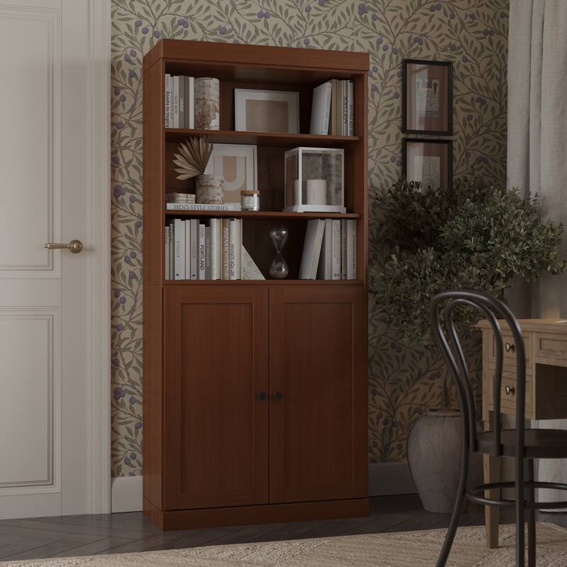 Solid Wood Tall Bookcase with Doors, Adjustable Shelves, Modular Storage, Open Display Bookshelf, 32" W x 71.5" H