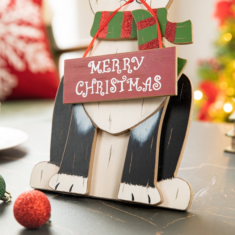 Glitzhome 16"H Wooden Christmas Dog Figurines Table or Wall Decor