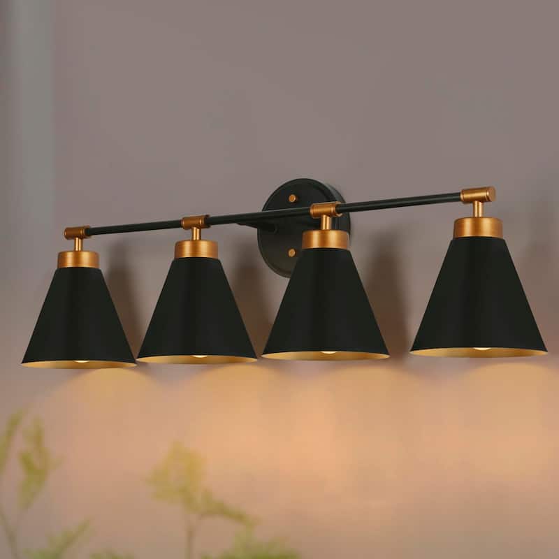 Farmhouse Industrial 4-light Bathroom Vanity Lights Black Gold Dimmable Wall Sconces with Metal Cone Shade - Black&Brushed gold