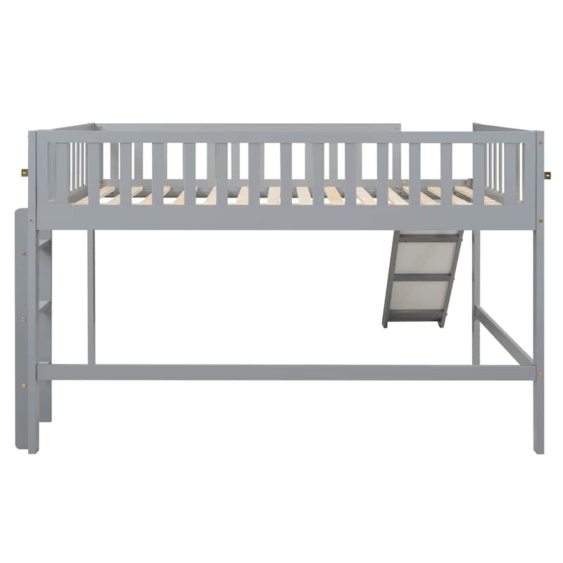 Full Size Low Loft Bed with Removable Slide and Space-Saving Ladder, Gray