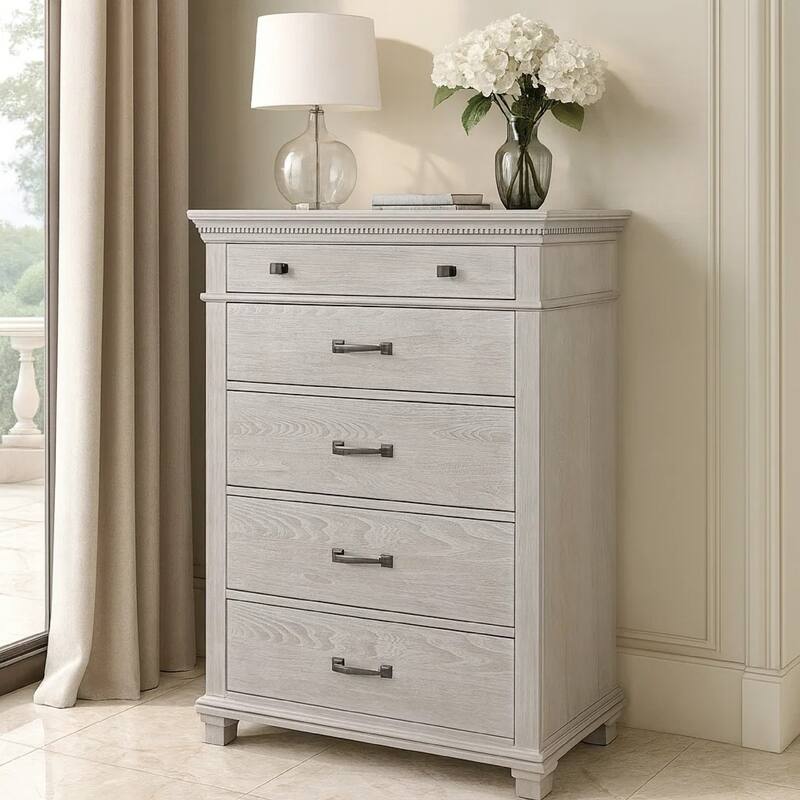 Leyne Tall Dresser Chest, 5 Drawers, Farmhouse Weathered Gray Solid Wood