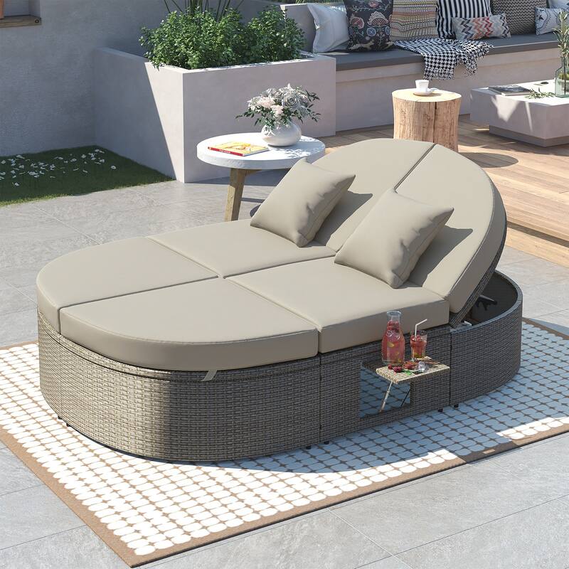 Gray PE Rattan Outdoor Daybed with Foldable Cup Trays and Reclining Backrests - Gray