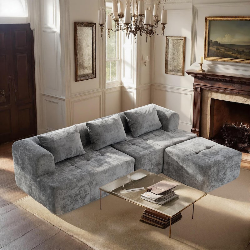 Chenille L Shaped Couch Boneless Couches for living room Tufted Sectional with Ottoman Modern Cloud Sofa - Grey