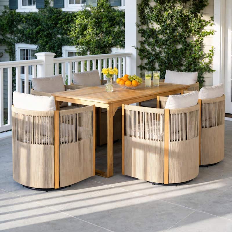 Christopher Knight Home - Ronan Outdoor Acacia Wood Dining Set with Swivel Rope Armchairs & Curved Leg Dining Table, Teak Finish