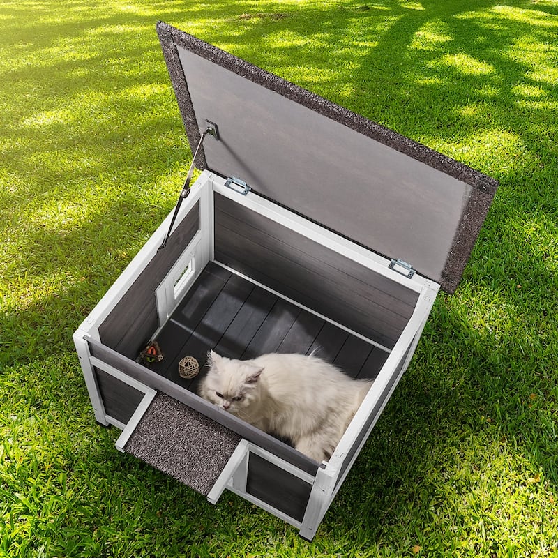Grey Wooden Outdoor Cat Shelter with Roof Door Flaps and Window Suitable for Any Small Pets - 24" x 21" x 18"