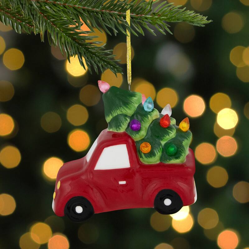 Lighted Truck with Christmas Tree Ceramic Ornament - 3.75" - Red and Green