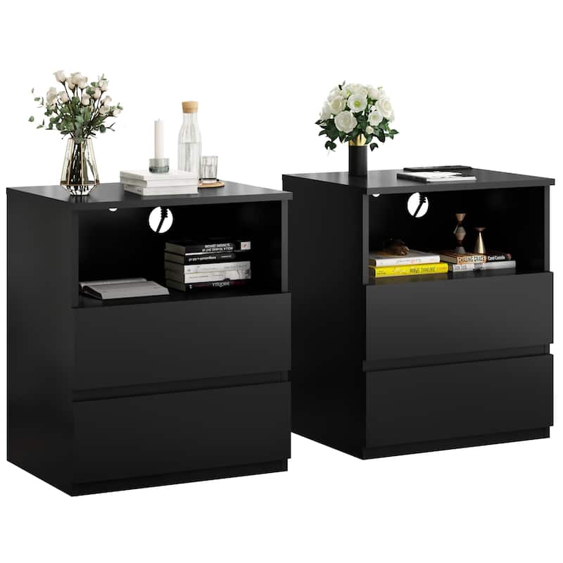 Nightstand with Charging Station, Sofa Side Table with Open Shelves & 2 Drawers, Large Capacity Wood Storage Cabinet