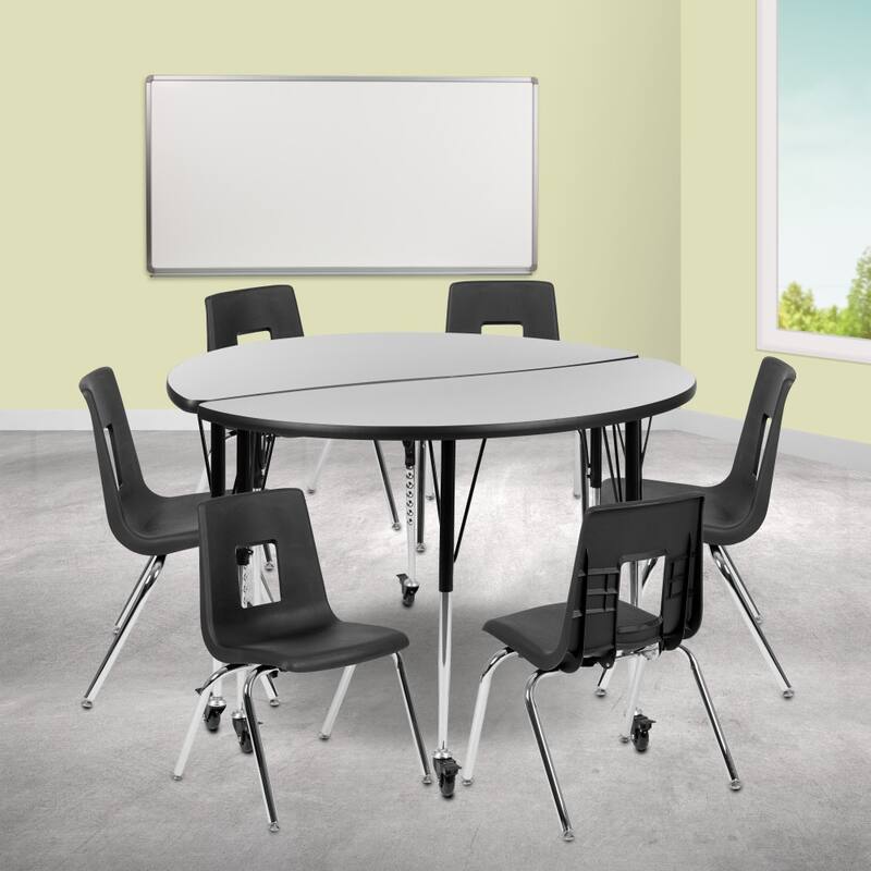 Mobile 47.5" Circle Wave Flexible Activity Table - 16" Student Stack Chairs - Grey