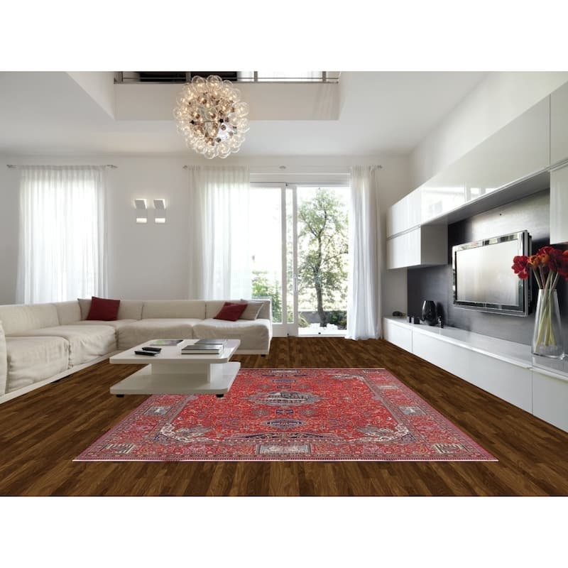 Red Pictorial Animals Kashan Turkish Area Rug Machine Made Carpet - 9'7" x 13'2"