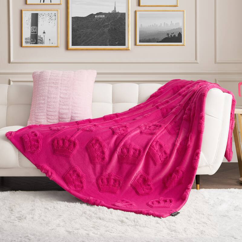 Juicy Couture 3D Faux Fur Throw Blanket - 50"x70" - Hot Pink Crowns