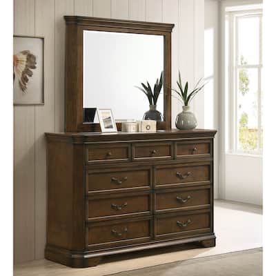 Roundhill Furniture Maderne Traditional Wood 9-Drawer Dresser with Mirror, Antique Walnut Finish