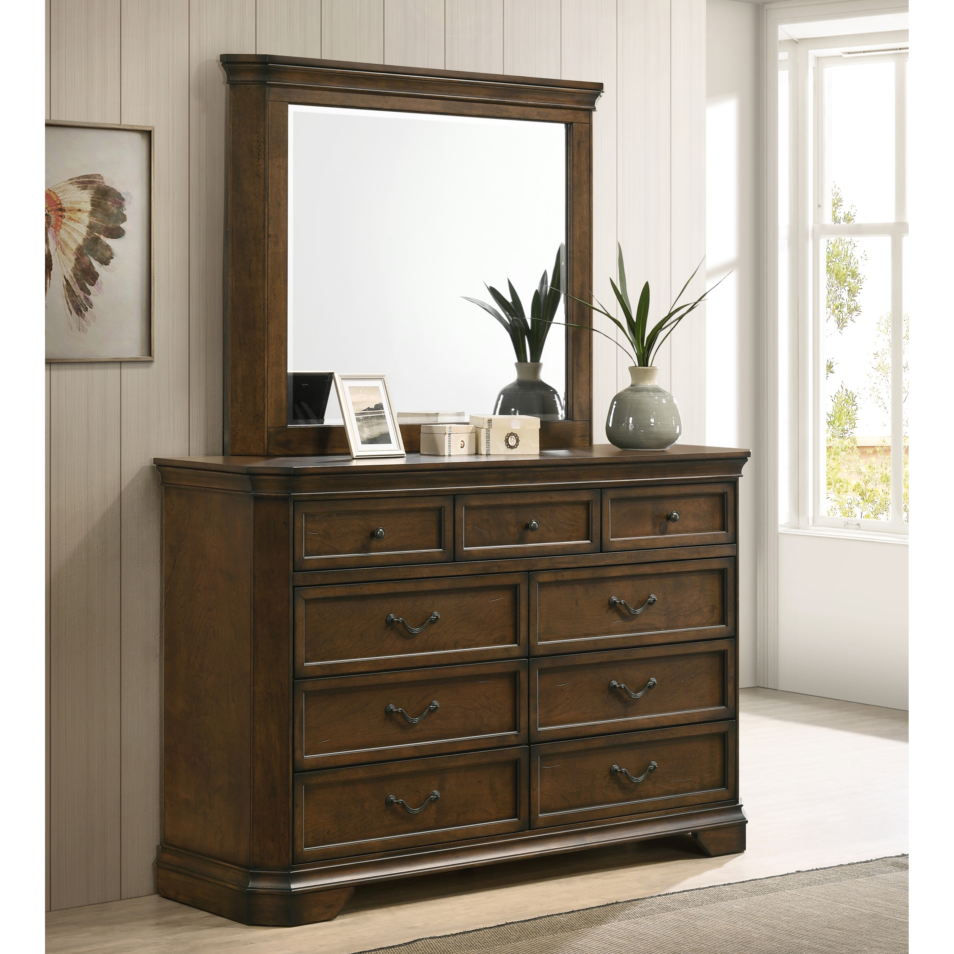 Roundhill Furniture Maderne Traditional Wood 9-Drawer Dresser with Mirror
