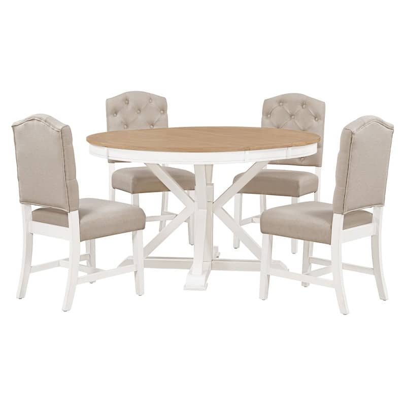 Retro Dining Table Set with Extendable Table and 4 Upholstered Chairs for Dining Room，Living Room (Oak Natural Wood+Off White)