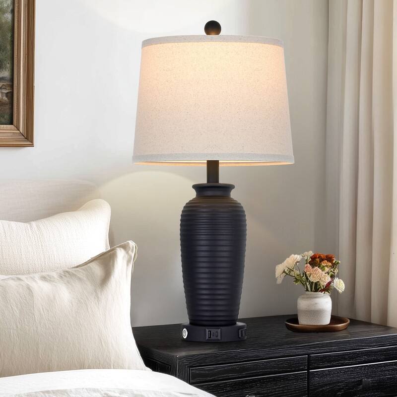 Set of 2 Bedside Resin Table Lamps with 3-Way Touch Control and Dual USB Ports