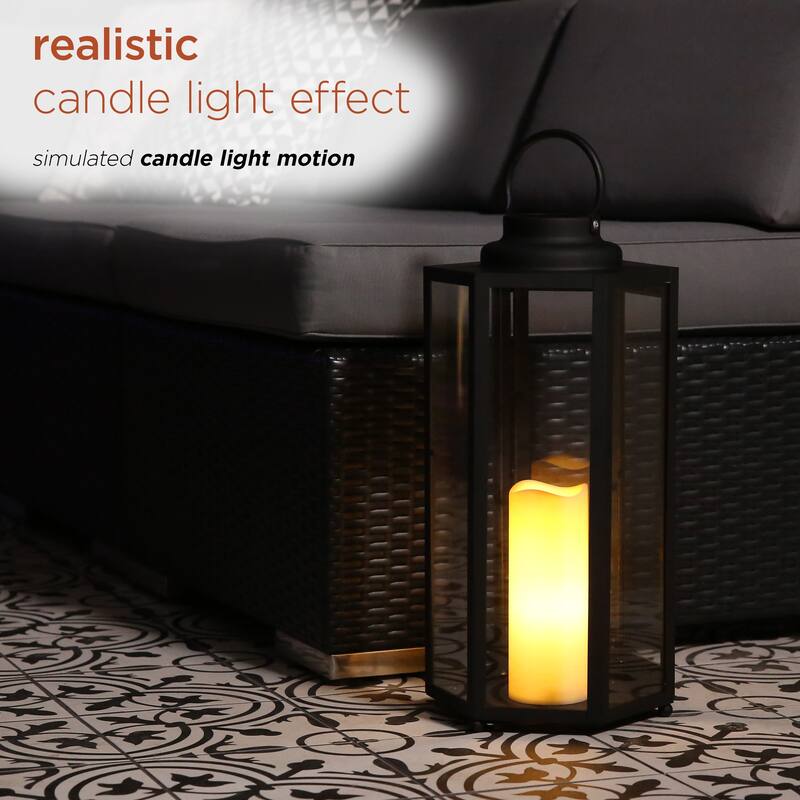 Alpine Corporation 18" Tall Outdoor Hexagonal Battery-Operated Metal Lantern with LED Lights, Black