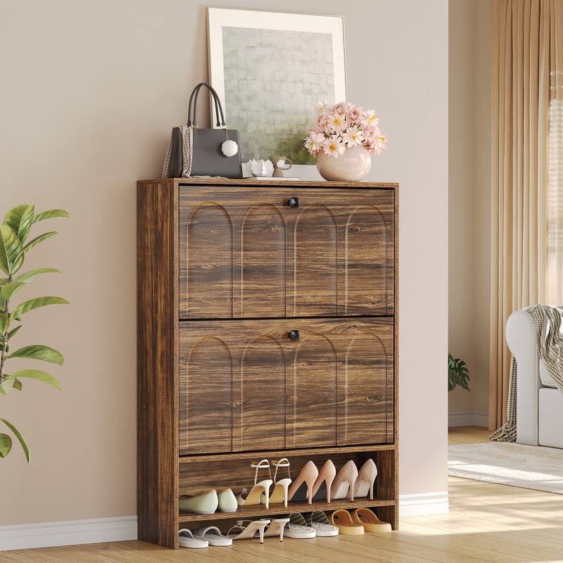 Industrial Shoe Cabinet with 2 Flip Drawers and Storage Shelf for Entryway - Brown