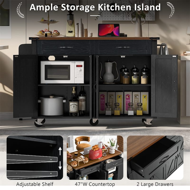 53.5'' Farmhouse Kitchen Island With Power Outlet, Kitchen Storage Island With Drop Leaf, Spice Rack And Drawer