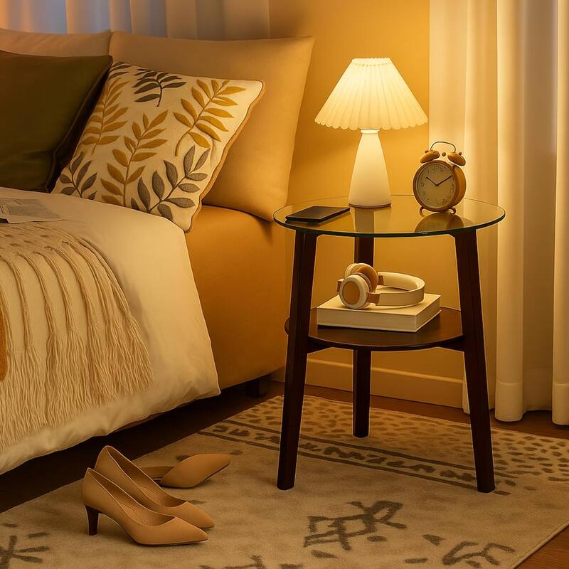 24 Inches 2-tier Glass Round End Table with Shelf and Wooden Legs