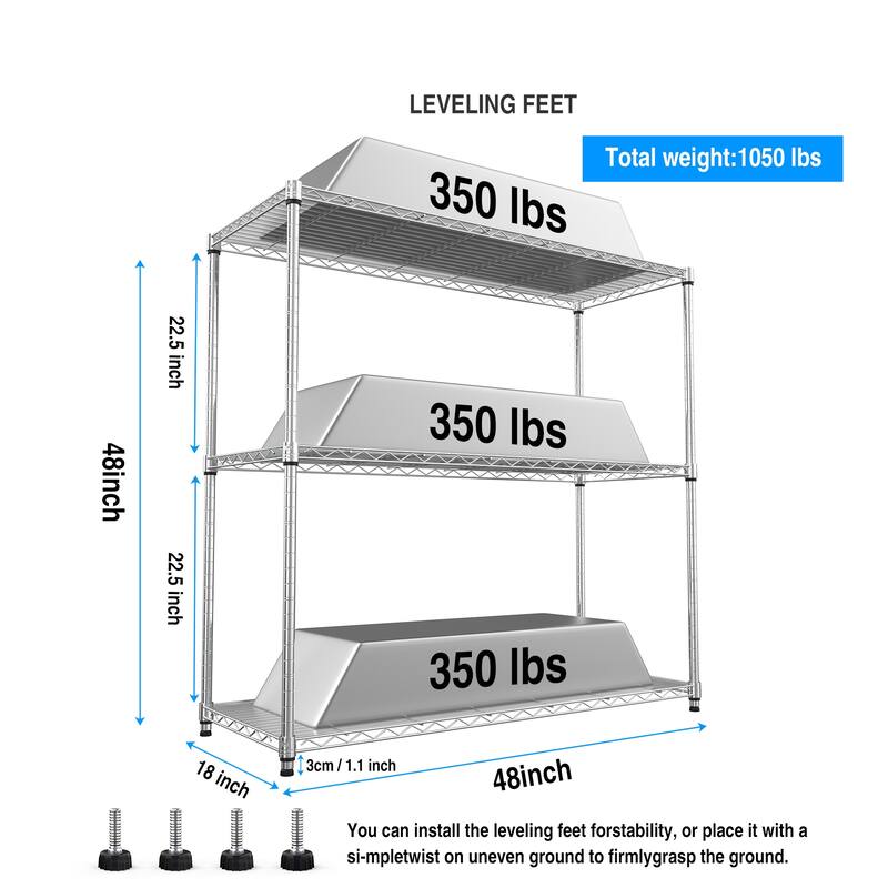 3 Tier NSF Certified Wire Shelving Unit - Iron and Plastic Construction with Heavy-Duty Load Capacity
