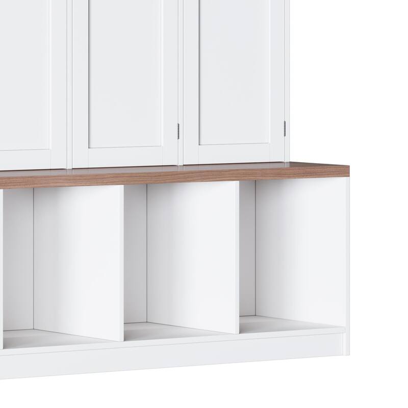 Farmhouse Hall Tree with 4 Hidden Hanging Hooks,Versatile Seating Bench with 8 Doors,Entryway Shoe Cabinet with Open Compartment
