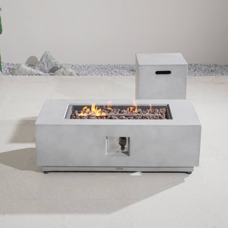 Outdoor Terrafab Composite Fire Pit Table & Propane Tank Side Table Set with Rain Cover