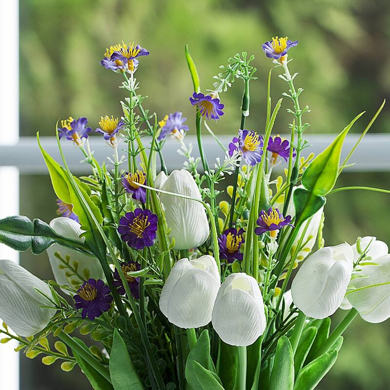 Enova Home Mixed Real Touch Tulip and Mini Sunflower Artificial Flowers Arrangement in Cylinder Glass Vase for Home Decór