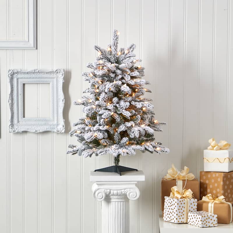 3’ Pre-Lit Flocked North Carolina Fir Artificial Christmas Tree, Clear Lights - 3 Foot