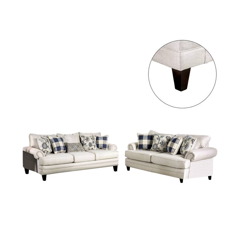 2 Piece Linen-like Fabric and Wood Sofa Set in Ivory Finish