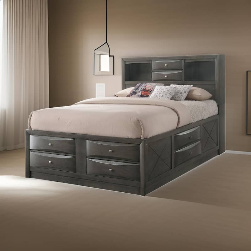 Panel Design Full Size Bed with Bookcase and Drawers, Taupe Brown