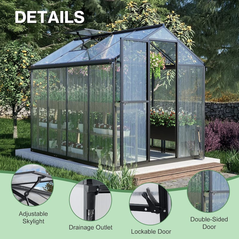 Aoodor Polycarbonate Walk-in Greenhouse with Aluminum Frame and Roof Vent
