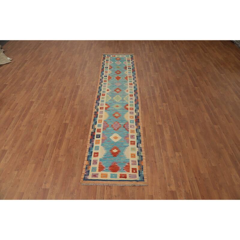 Hand Woven Oriental 100% Wool Carpet Southwestern Tribal Navy Blue & Blues Kilim Runner Rug - 10' 10'' X 2' 4''