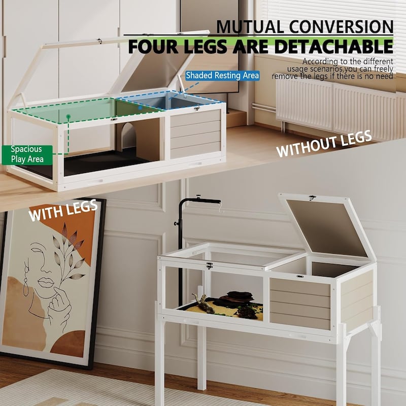 BOSSIN Tortoise Habitat with Detachable Legs, Wooden Tortoise House Reptile Cage for Small Animals with Lamp Holder