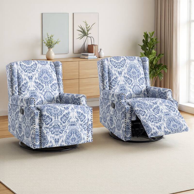 UIXE 2 Set Roderich Farmhouse Floral Print Swivel Rocker Push Back Recliner - Navy