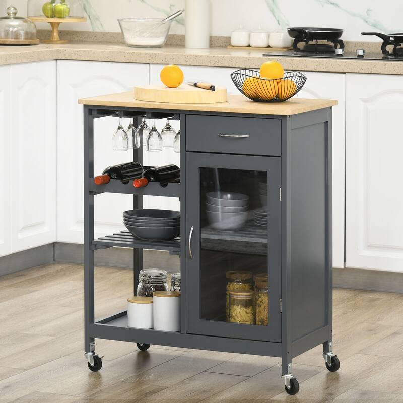 30" Rolling Kitchen Island with 4 Bottles Wine Rack and Stemware Holder