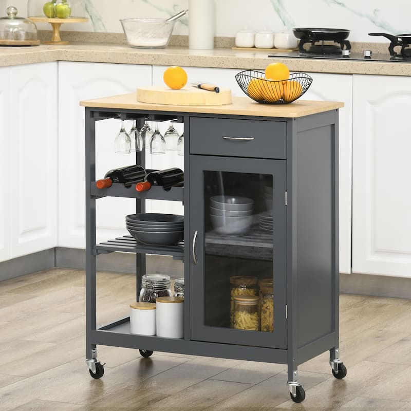 Rolling Kitchen Island with Storage, Kitchen Cart with 4-bottle Wine Rack, Stemware Holder, Shelves, Drawer and Cabinet