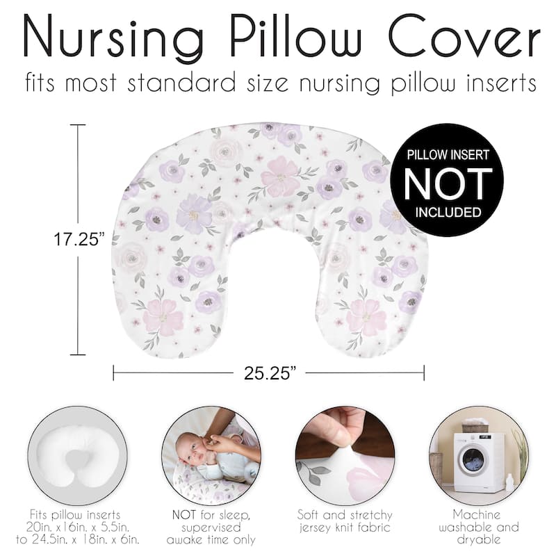 Sweet Jojo Designs Watercolor Floral Nursing Breastfeeding Pillow Cover Case (Pillow Not Included) Purple Pink Grey Boho Shabby