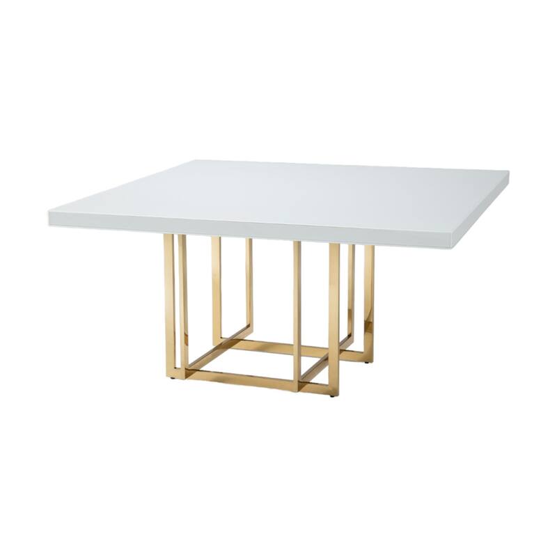 HomeRoots 59" White and Gold Wood and Metal Pedestal Base Square Dining Table - 59.00 in. x 30.00 in. x 59.00 in.