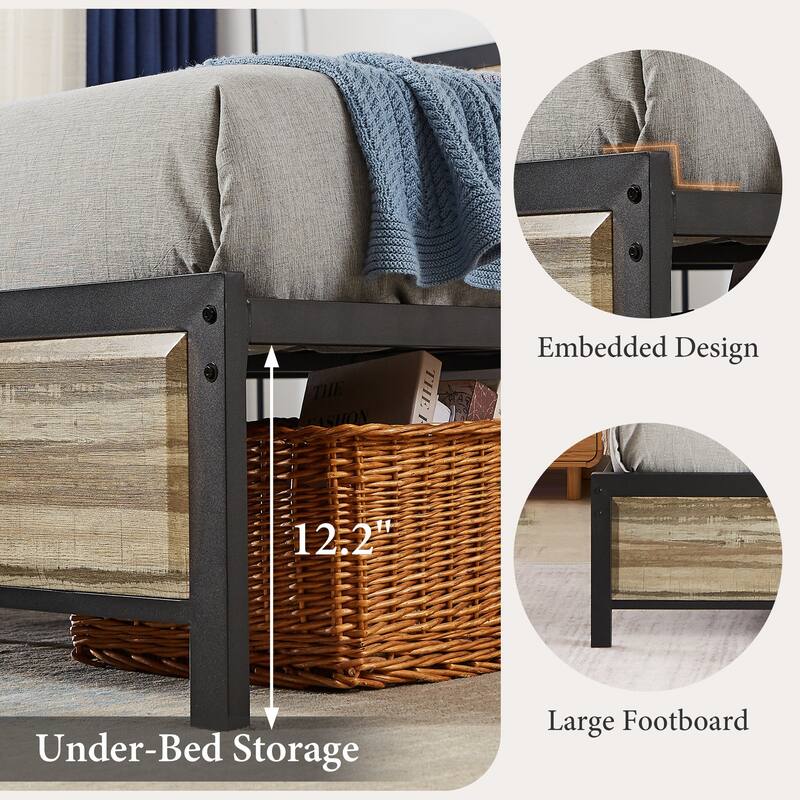 VECELO Platform Bed Frame with Wooden Headboard Heavy Duty Steel Slats Support No Box Spring Needed