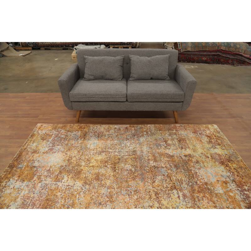 Hand Knotted Oriental Viscose Silk Carpet Modern Abstract Yellow & Gold Abstract Area Rug - 8' 0'' X 5' 1''
