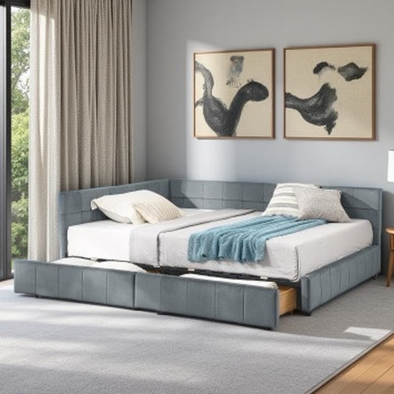 Full Size Mid-Century Velvet Upholstered Daybed with Storage Drawers, Wooden Frame, Comfortable Backrest & Armrests