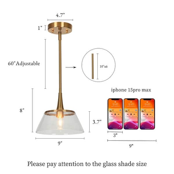 dimension image slide 1 of 2, Mola Modern Gold 1-Light Seeded Glass Pendant Light for Kitchen Island Dining Room - D 9" x H 8"